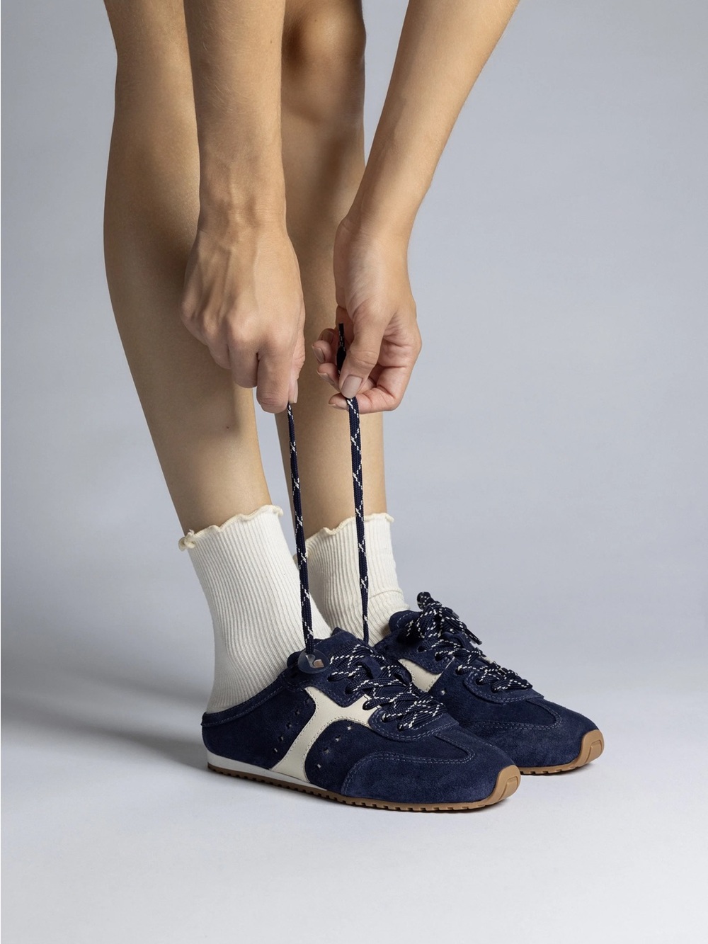 Larroude Navy Suede & Cream Accent Athletic Sneaker Mules